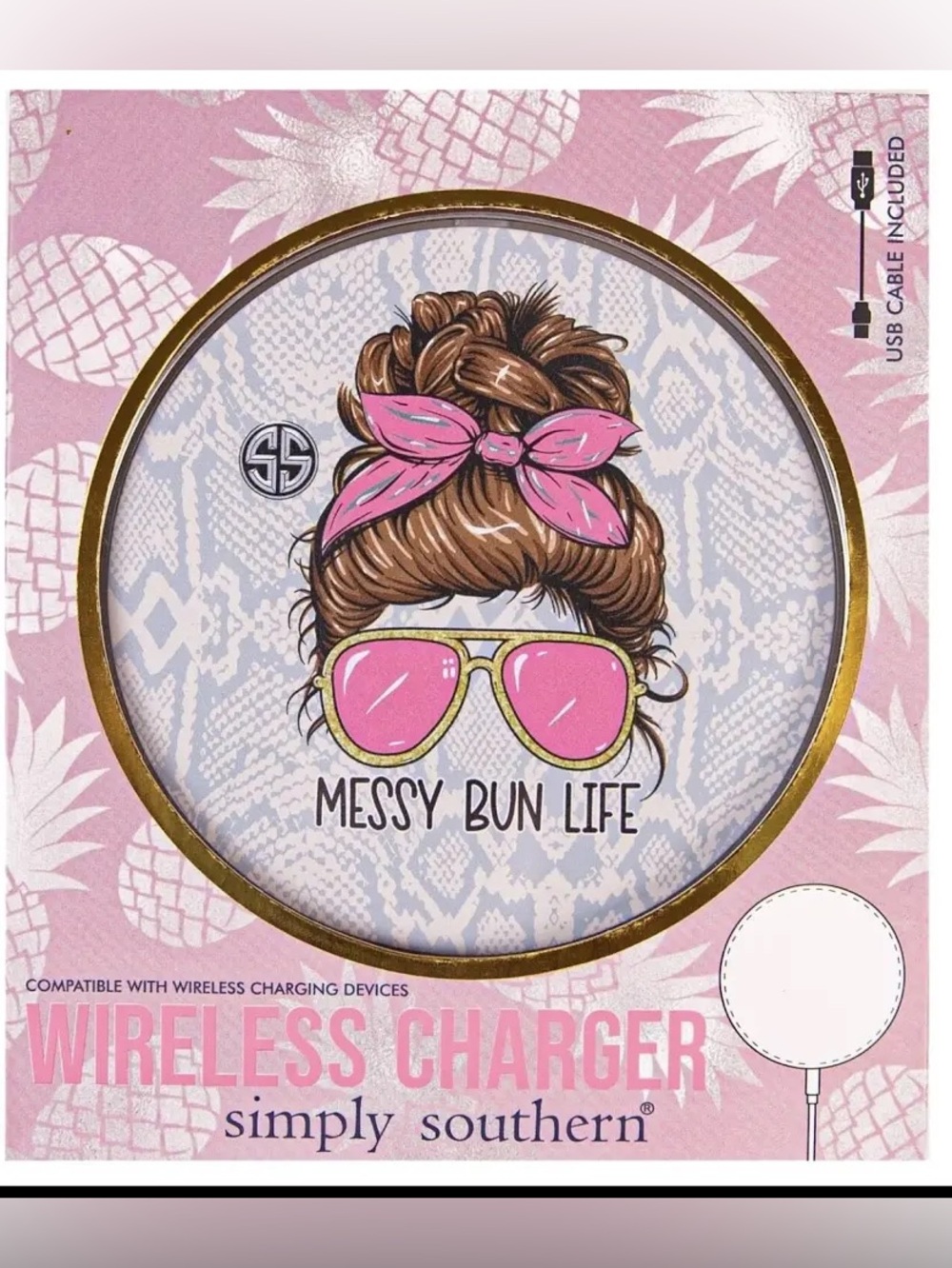 Simply Southern Pink Sunglasses Messy Bun Life Wireless Charger